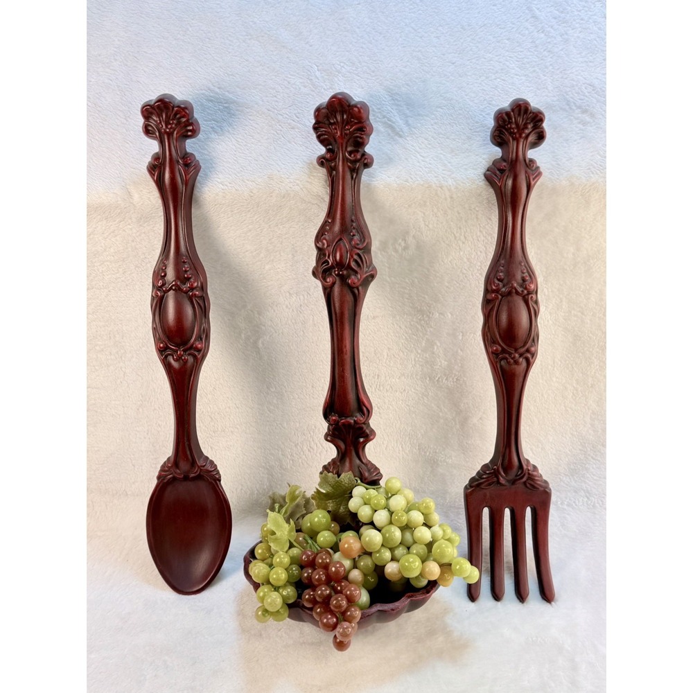 Vtg Arnels Dark Red Ceramic Chalkware Wall Hanging Fork Spoon Ladle Grapes 3-Pc